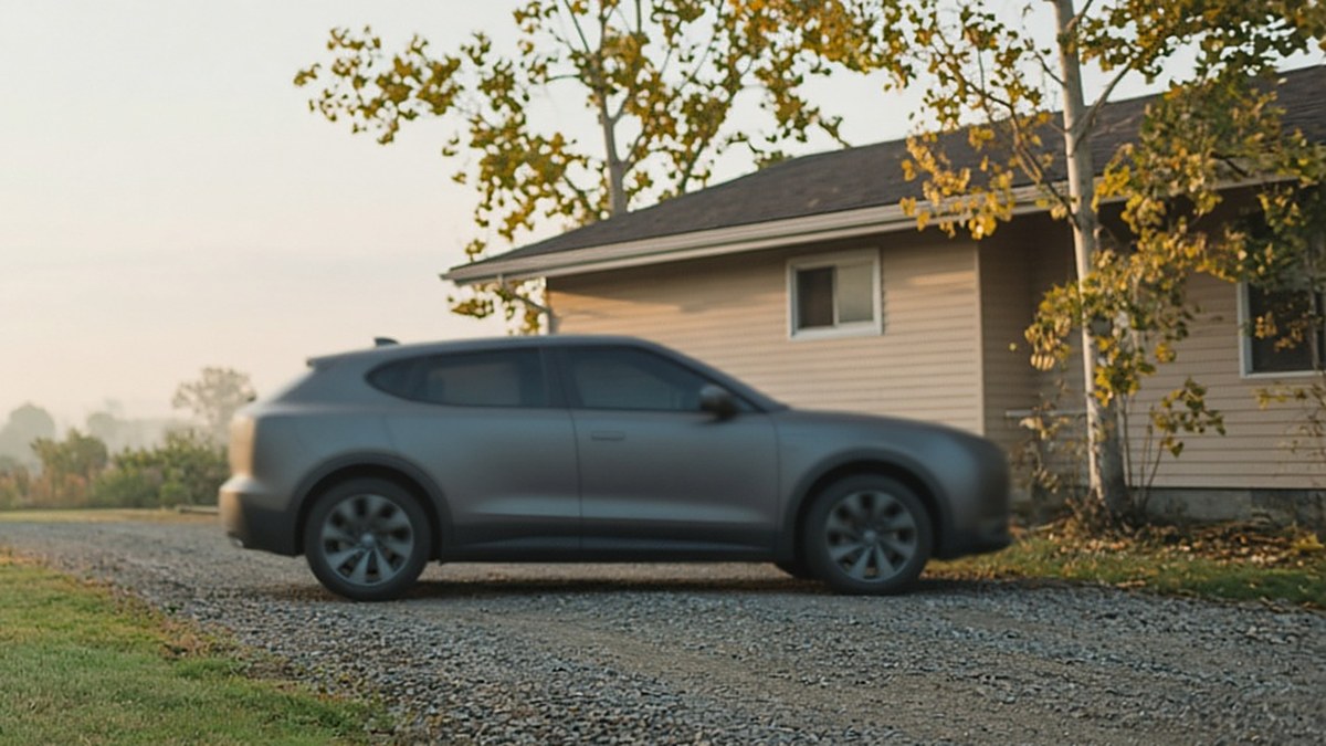 A grey SUV parked on a gravel driveway beside a house on an autumn morning