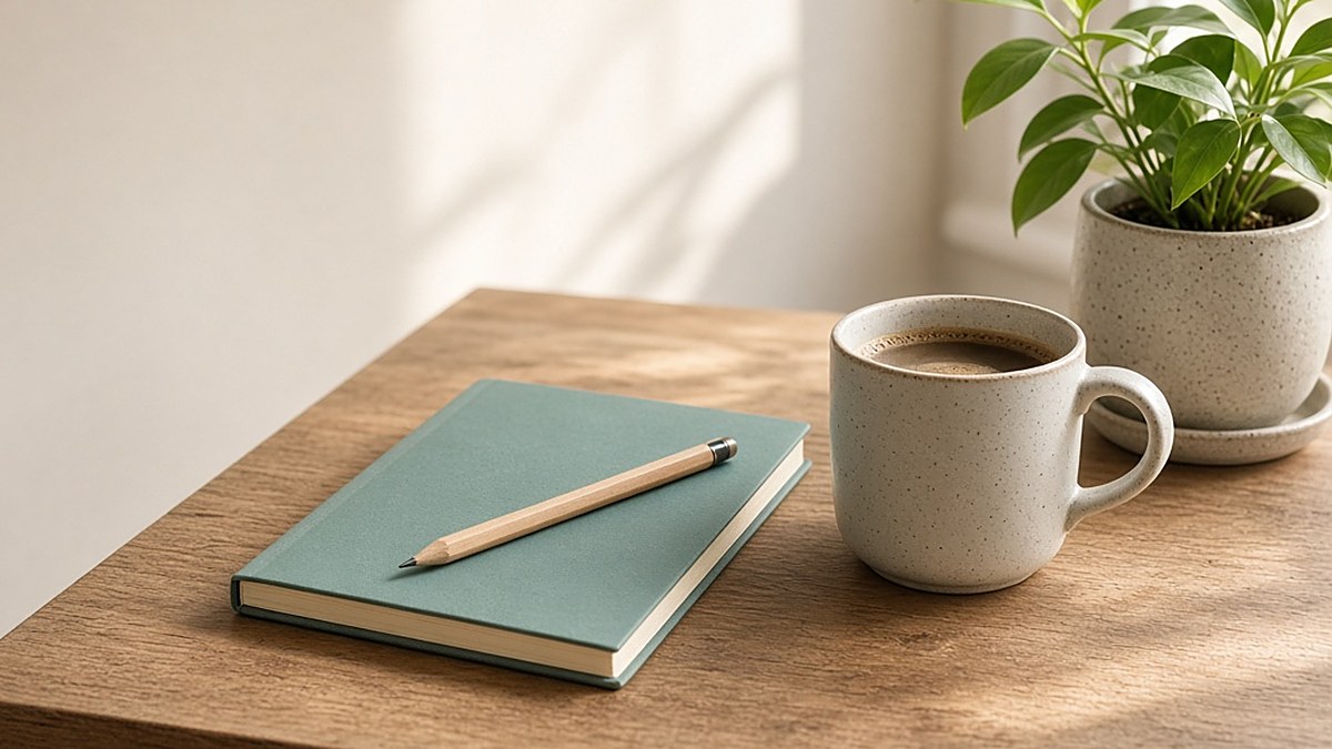 A notebook, pen and coffee mug on a sunlit wooden desk